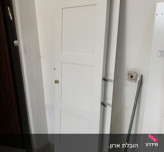 דלת לבנה עם ידית זהב על קיר לבן
